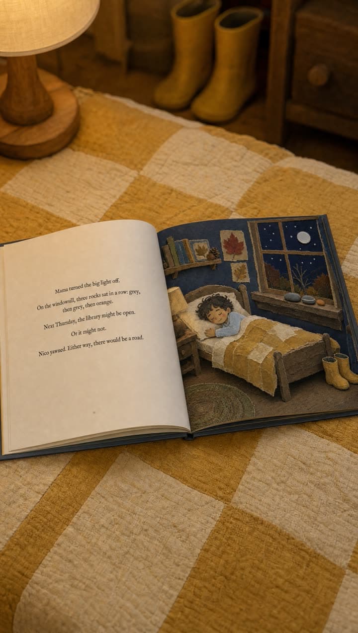 The sample book open on a rug at bedtime. Staged illustration, not a customer photo.