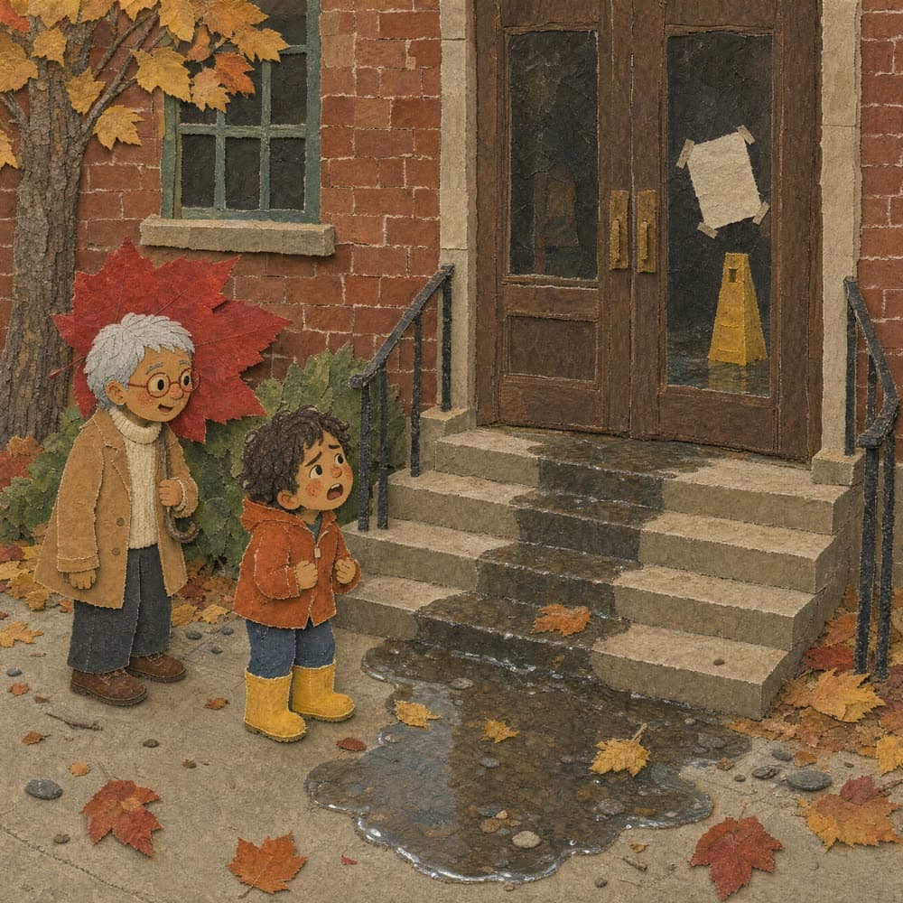 Nico and his grandma on the steps of a closed library, a red maple leaf umbrella over them.