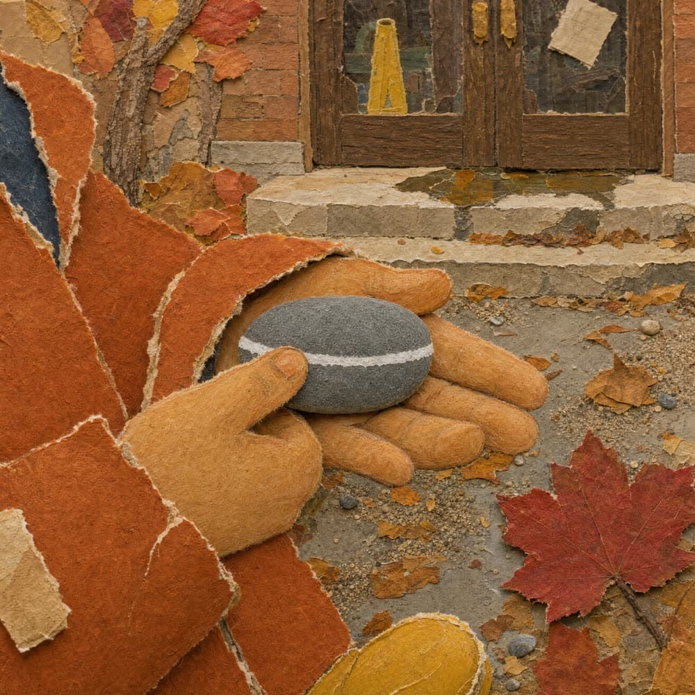 A child’s hand holding a grey rock with a white stripe, in cut-paper collage.