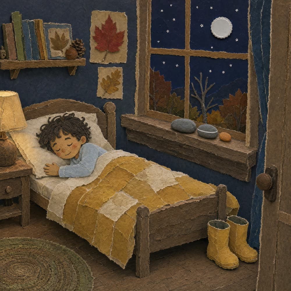 Nico asleep under a patchwork quilt, three rocks on the windowsill.